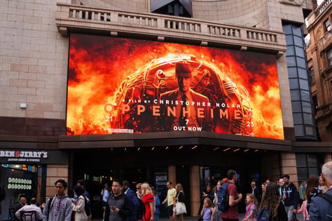 Oppenheimer movie poster at Vue Cinema Leicester Square